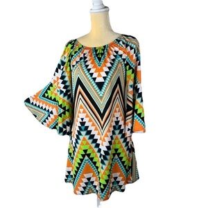 Cezanne Boho 70’s Inspired Bell Sleeves Colorful Dress Size Small